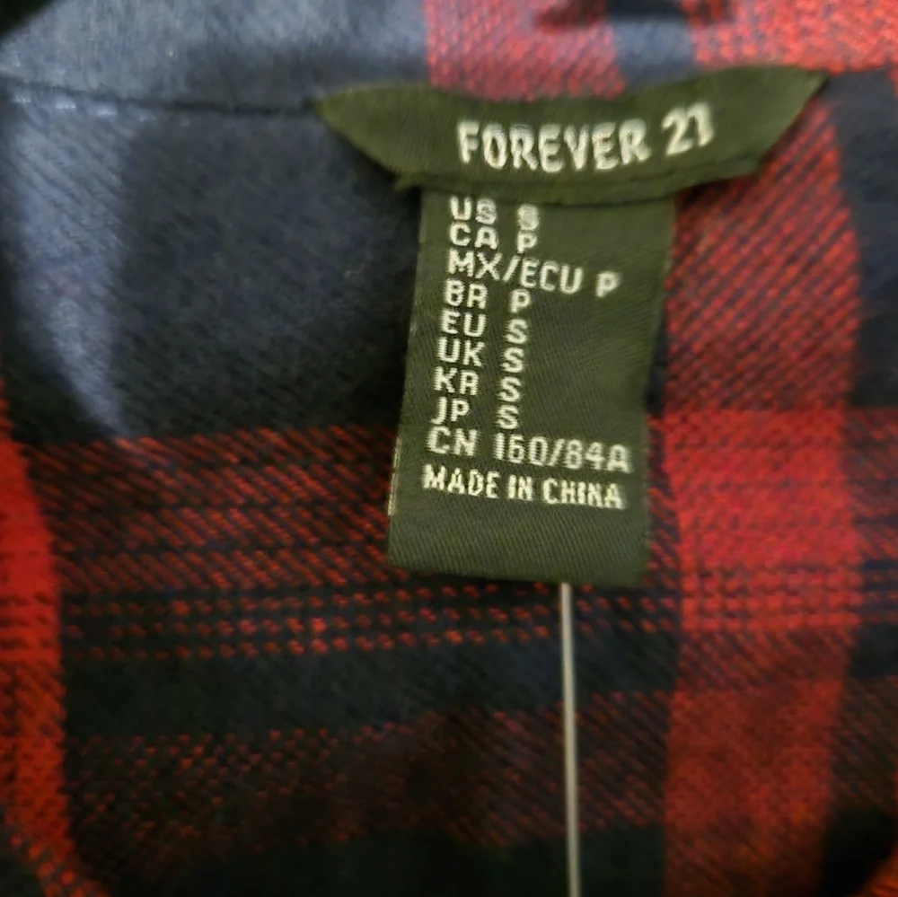 NWT! Forever 21 Navy & Red Plaid Button Down Shirt dress, Size Small, CABINCORE - Picture 5 of 11